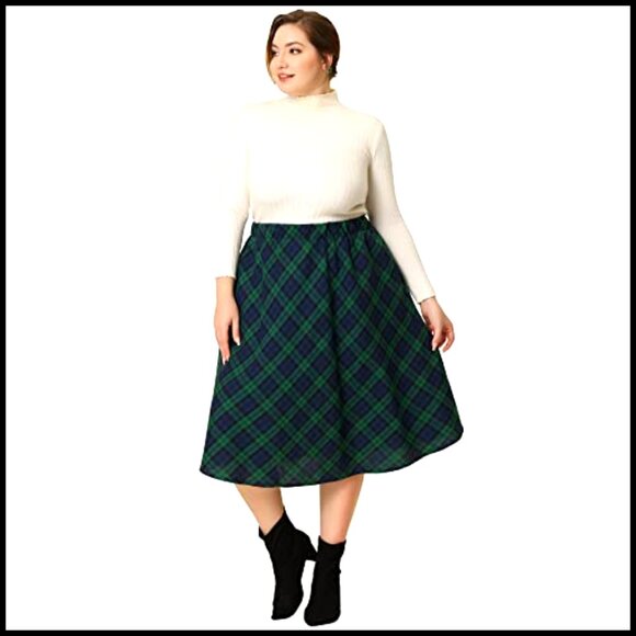 Plus Size A-Line Midi Skirt Elastic Waist Flare Hem Plaid Print - Picture 3 of 6